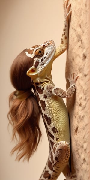 A beautiful gecko woman climbing a wall, human head, beige skin, brown hair, seen from behind, photorealistic