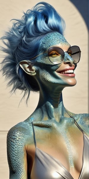 A beautiful Iguana woman sun bathing, metallic blue hair, happy face,photorealistic