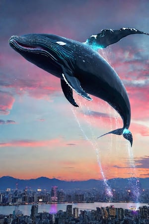 Masterpiece, Best Quality:1.3), (8k resolution),  Flying alien whale in the skies of Tokyo 