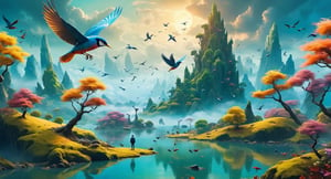 (best quality), (high resolutuion), (man), Craft a modern fantasy scene 3D dimension, featuring some colored birds within a captivating landscape background,Digital painting 