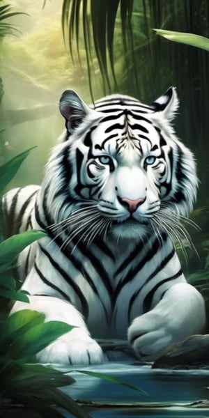 (((masterpiece))),best quality, illustration, a Black and white tiger in the middle of the jungle, crayon