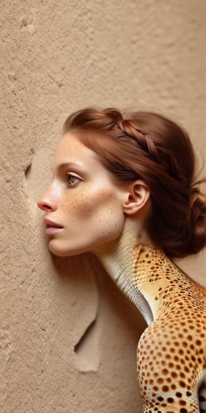 A beautiful gecko woman climbing a wall, human head, beige skin, brown hair, seen from behind, photorealistic