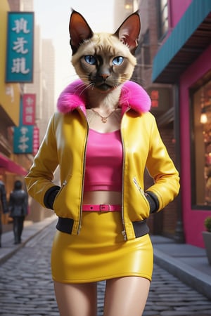 ((extremely detailed CG)),((8k_wallpaper)),(((masterpiece))),((best quality)) A woman with a Siamese cat head, hot pink fur, wearing a mini skirt and yellow jacket,anthro,merge