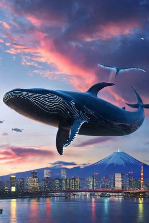 Masterpiece, Best Quality:1.3), (8k resolution),  Flying alien whale in the skies of Tokyo 