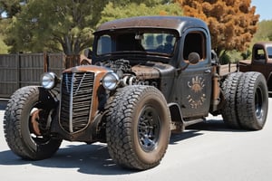 Old black and rusty truck, large chrome wheels, lowered suspension, apparent engine