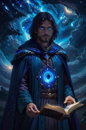 In the center of the picture stands a man in darkness with his face hidden in the dark, wearing a dark blue cloak and reading a story, a striking figure of unearthly beauty, His eyes, deep as the universe itself, radiate gentle wisdom and connection with all living things, as if he is part of the cosmos itself, luminism, smoothness, 3d render, by yukisakura, stunning full color, ,aw0k euphoric style