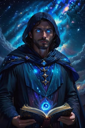 In the center of the picture stands a man in darkness with his face hidden in the dark, wearing a dark blue cloak and reading a story, a striking figure of unearthly beauty, His eyes, deep as the universe itself, radiate gentle wisdom and connection with all living things, as if he is part of the cosmos itself, luminism, smoothness, 3d render, by yukisakura, stunning full color, ,aw0k euphoric style