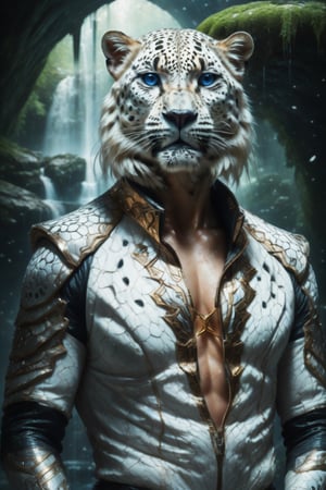 White leopard, his head is white, his body has a armor colored with galaxies, he is located in a waterfall located in a black hole, add a jungle in the background with a cyberpunk style, and a blonde wild girl petting the leopard,shards