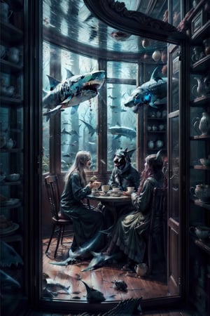 sharks with a lot of teeth drinking tea sitted on a table with a granny with a closet with transparent window showing a big collection of cups of tea