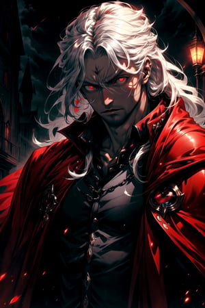 best quality,HQ,8K,konami, alucard, symphony of the night, long hair, milk-white curled hair, slanting eyes, ((red eyes)), (vampire attire, red cape), Germany Male, anxious, worried, determined, stoic,
,High detailed, glowing_red_eyes