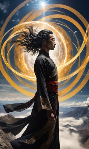 1man. An zen master, long black hair, floating hair, dressed in black_zen_hanfu, (cloth_back_view:2) .
Facing a group of angles and God light, upright, in heaven with cloudy and high mountains, (crazy details: 2), (glowing energy swirling around body), epic scenes, stunning, magnificent, movie composition, movie lighting, high-definition, realistic, style raw, (back_view:1.7, sun glow, A ray of light shines straight into my head).

(Film Still, Ultrasharp, photorealistic, cinematic scenes, detailed costumes, ink art, blink-and-you-miss-it detail, realistic skin, vray tracing, depth_of_field, bokeh background, 24mm Sony Lens).

mythical clouds