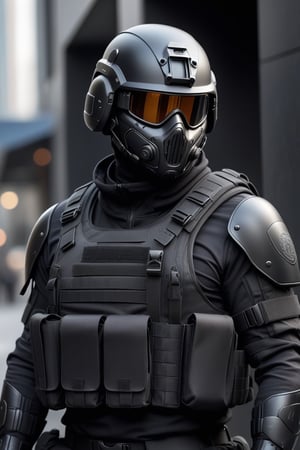 (imagine a male soldier with a light vest with a black outift tactical) blackhelmet, facecover, black_gloves, black_vest,(ultradetailed1.2)(bestquality)(detailed_enviorment)