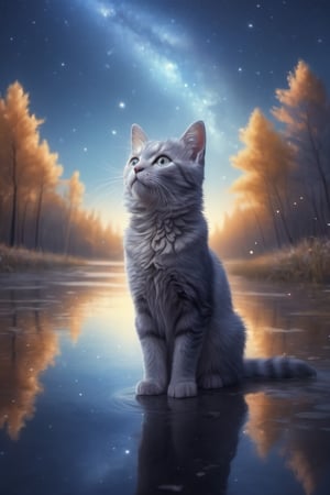 Extreme Detailed,ultra Realistic,
little cat looking at Sky,7 colors and the river was dyed with light, the night sky, the trees are black, the trees are reflected in the river, the river is wide and continues everywhere, there are no clouds, the sky full of stars, and the sky is very big and shining, the flowers are shining in the lower right and lower left, beautiful sky, very delicate, high image quality, glitter