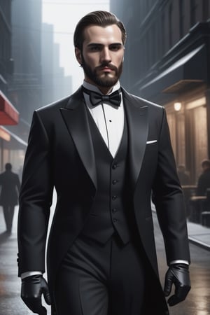 (Imagine a man in a tuxedo swept back hair in a city street he is a hitman he also has a beard), black_gloves, (best quality), (ultra detailed), (detailed background:1.2), (detailed eyes:1.2), (masterpiece:1.2)