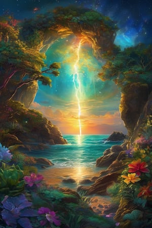 Exploring new planet, undiscovered plants, ocean, island, stars, moons, lightening, nature punk art, alcohol ink art,


colorful,  ultra highly detailed,  32 k,  Fantastic Realism complex background,  dynamic lighting,  lights,  digital painting,  intricated pose,  highly detailed intricated,  stunning,  textures,  iridescent and luminescent scales,  breathtaking beauty,  pure perfection,  divine presence,  unforgettable,  impressive,  volumetric light,  auras,  rays,  vivid colors reflects,  sf,  greg rutkowski,
