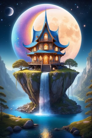 oil-painting, Surreal landscape, elven house, river, waterfall, pointillism, moon, stars, galaxy, fantasy, psychedelic realism, unreal engine v5, octane render, photo realistic, centered image, ultra detailed illustration, posing, (tetradic colors), whimsical, enchanting, fairy tale, (ink lines:1.1), strong outlines, art by MSchiffer, bold traces, unframed, high contrast, (cel-shaded:1.1), vector, 32k resolution, best quality, flat colors, flat lights. Art and mathematics fusion, hyper detailed, trending at artstation, sharp focus, studio photography, intricate detail, highly detailed, centered, perfect symmetrical,