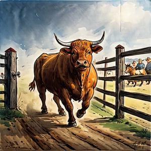 (masterpiece), (best quality),(extremely intricate), (realistic), (sharp focus), (cinematic lighting), (extremely detailed),a bucking bull in a wooden fence on a farm, fierce