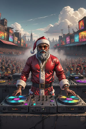 (masterpiece)), (best quality), (cinematic),detailed face, detailed body, dark gray sky, glow, clouds, (cinematic, colorful), (extremely detailed),Comic Book-Style 2d,santa on a dj stage looking like a 90s rapper showering the crowd with gifts from behind the turntables