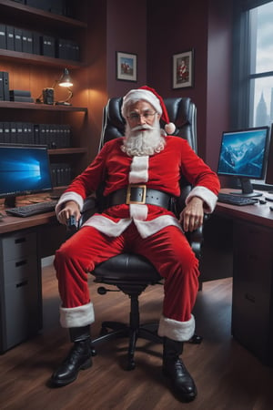 (masterpiece)), (best quality), (cinematic), (cinematic, colorful), (extremely detailed), santa in a leather office chair using his cell phone in a room full of computers 