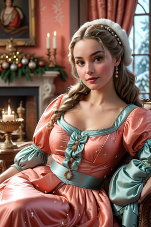 1700 century christmas photo of a female in a coral colored long dress with peasant top lounging in a sitting room,cinematic, 8k, dramatic, sparkles, ,photo r3al,cinematic  moviemaker style,Realism,more detail XL,Extremely Realistic