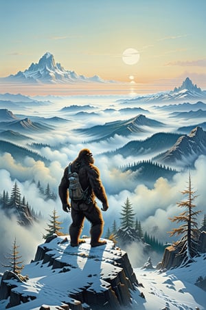 bigfoot in the style of Caspar David Friedrich painting Wanderer above the Sea of Fog, add christmas elements, High Quality, cinematic