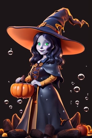 solo woman, (witch:1.9), (black cat with green eyes:.8), (black bubbling couldron:1.23), detailed, (sweet charm:1.3),  spooky halloween background