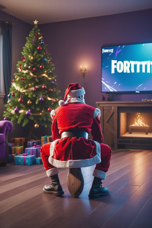 (masterpiece)), (best quality), (cinematic), (cinematic, colorful), (extremely detailed), santa clause sitting on the floor with his back to the camera in a north pole living room playing fortnite on a large screen tv, (fortnite:1.8)