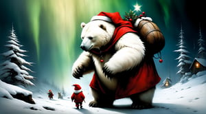(((Top Quality: 1.4))), (Art by jean baptiste monge),(Unparalleled Masterpiece),(Ultra High Definition),(Ultra-Realistic 8k CG),chiaroscuro, giant polar bear wearing  Santa Claus costume, fat body, carrying a little girl, Christmas atmosphere, northern lights adds depth to images, (faint darkness), hype realistic cover photo awesome full color, Cinematic, (hyper detail: 1.2), perfect anatomy,more detail XL,Leonardo Style,,detailmaster2,((full body image:1.8)),,realistic,  in the style of esao andrews, in the style of esao andrews