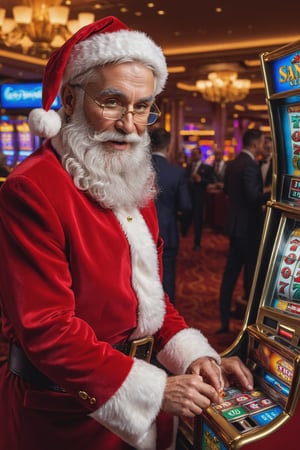 (masterpiece)), (best quality), (cinematic), (cinematic, colorful), (extremely detailed),santa claus in a business suit playing a slot machine in a casino, lots of action, implied motion