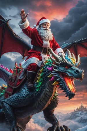 (masterpiece)), (best quality), (cinematic),detailed face, detailed body, dark gray sky, glow, clouds, (cinematic, colorful), (extremely detailed),Santa riding on the back of a christmas dragon, dramatic, compelling,