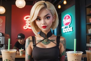 a basic bitch serving boba tea in a trendy little coffee show, vapid, blonde, judgemental facial expression, extremely detailed, cinematography, good lighting, dramatic, vine tattoo