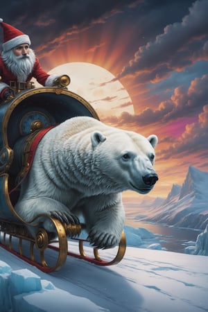 (masterpiece)), (best quality), (cinematic),detailed face, detailed body, dark gray sky, glow, clouds, (cinematic, colorful), (extremely detailed),Comic Book-Style 2d, (polar bear:1.9) pulling santas sleigh,2d,steampunk style,ink scenery