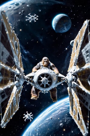 (masterpiece), (best quality),(extremely intricate), (realistic), (sharp focus), (cinematic lighting), (extremely detailed), Epic painting of bigfoot riding in a tie fighter from star wars in deep space clearly visible as the pilot.,photo r3al