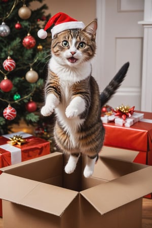 (masterpiece)), (best quality), (cinematic), (cinematic, colorful), (extremely detailed),a cat jumping out of a box decorated for christmas in room decorated for christmas with a family shocked by the open package