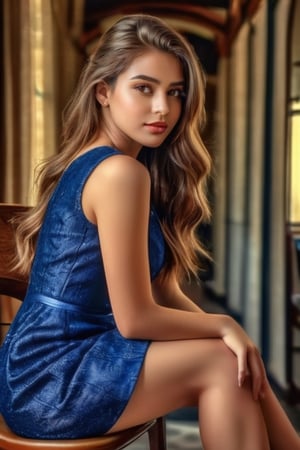 (RAW photo, best quality), (realistic, photo-Realistic:1.1), best quality, perfect lighting, masterpiece, beautiful, 1024K, beautiful sexy young 16 year old girl, spectacular legs, wearing a dress, sitting on a chair, (HDR:1.2) 1024k resolution.