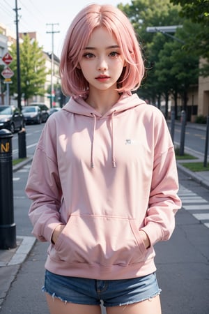 girl ,Koran ,light pink hair ,brown eyes,realistic ,8k,wearing hoodie ,makeup