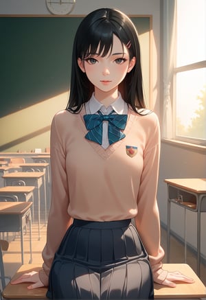 score_9, score_8_up,masterpiece, 1woman, 20 years old, sourve_anime, (black hair), long hair, bangs, double eyelids, (beautiful girl), looking at viewer, 
 BREAK
  school uniform, sweater, flat chest, at school, classroom