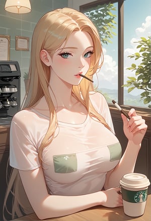 score_9, score_8_up,masterpiece, 1woman, 20 years old, sourve_anime, (blonde hair), long hair, pale skin, double eyelids, slim fit body, (beautiful girl), looking at viewer, different poses, 
 BREAK
 Cropped graphic tshirt, drinking coffee, in a coffee shop