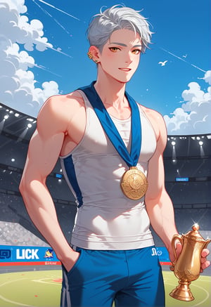 score_9, score_8_up, masterpiece, only one person, source_anime, 1man,  (silver hair), (slick back two block haircut), pale skin, (Asian idol face), double eyelids, ((lean fit muscle)), (handsome),Kpop idol, ear piercing ,looking at viewer,
BREAK
Sports sleeveless white top, in a stadium,  gold medals, a gold trophy