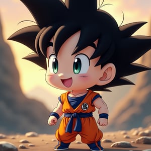 (a songoku in Dragon Ball ), small and cute, (eye color switch), (bright and clear eyes), anime style, depth of field, lighting cinematic lighting, divine rays, ray tracing, reflected light, glow light, side view, close up, masterpiece, best quality, high resolution, super detailed, high resolution surgery precise resolution, UHD, skin texture,full_body,chibi