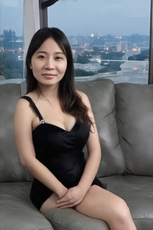 A young Japanese woman wearing a black off-shoulder suspender dress with heavy makeup and thick black and blue eyeshadow was sitting on a gray leather sofa in a high-end villa,sighing,masterpiece,best quality,ultra detailed face,ultra detailed,4k,skinny,(wide shot),large area glass windows,swimming pool outside,city night view,(looking at viewer),skyscaper night view,smile,(put her hands behind the sofa)