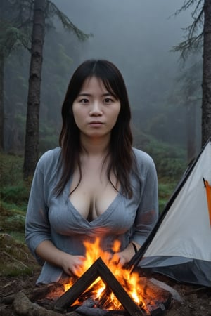 A young Japanese woman is camping in a deep mountain forest with thick fog,campfire,masterpiece,best quality,ultra detailed face,ultra detailed,4k,((blue eyes,blueeyes,blue_eyes)),skinny,(wide shot),ghost_girl,ghost,night,spooky,midnight,cleavage,dirty shirts,(boobs),tent,campfire