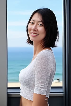 A coquettish young Japanese woman is looking out of the room window of a high-end five-star hotel at the blue Mediterranean Sea outside the hotel.This woman's blue-green pupils are shining,poakl girl,full body,looking at viewer,bob cut,masterpiece,best quality,ultra detailed face,(wearing crop top),detailed eyes,ultra detailed,(green_eyes,greeneyes),(crop_top),(smile),green pupils,(medium shot)