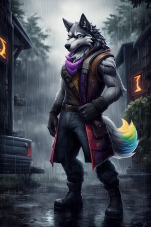 full_body, full-body_portrait, raining,  detailed background, high_resolution,  high_res, detailed, male, fluffy, realistic,  colored fur, colorful, max tier dire, fortnite, wolf, nj5furry