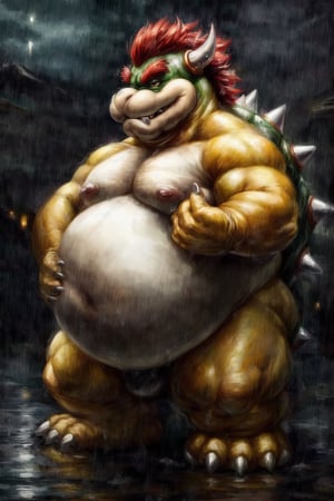 full_body, full-body_portrait, raining, detailed background, high_resolution, high_res, detailed, male, realistic, Bowser, King Koopa, Super Mario Bros, fat, chubby, round_belly, large_belly, buff, nj5furry,