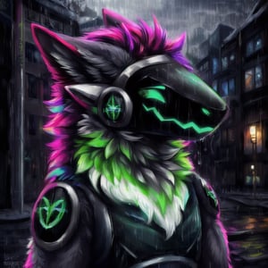 full_body, full-body_portrait, raining, detailed background, high_resolution,  high_res,  detailed,  male, realistic, fluffy, colorful, wolf, eye glow,nj5furry,protogen