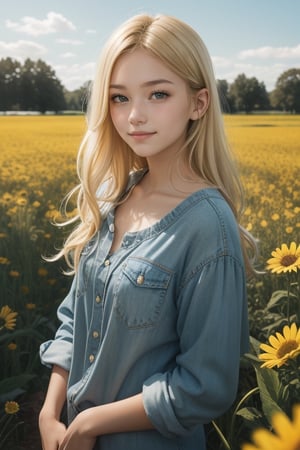 Blonde hair, flower_field, 15 year old woman, small smile,
