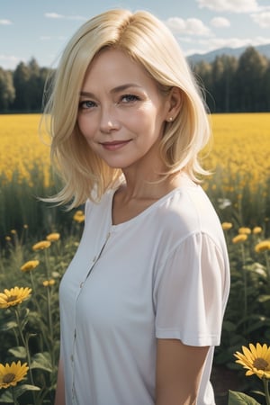 Blonde hair, flower_field, 60 year old woman, small smile,
