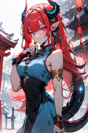 (masterpiece, best quality, ultra-detailed, best shadow), Princess dragon, long hair, friendly face, light blue martial arts master outfit, light red hair, dragon horns with red tips, dragon tail, light red eyes, pointed horns, small breasts, beautiful, the woman who reflects the sun, the emperor's right hand, tail attached to the body, The master of manipulation, chinese temple,pointy ears,serious face , calm smile ,red tail with light blue parts,dragon horns, gold jewelry, silver ring, diamond chain,Rich woman, heterochromia, perfect medium breast, glowing eyes,(best quality,niji,SAM YANG,glitter