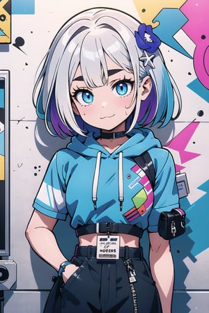 ((masterpiece)), (best quality), (ultra detailed), high quality, highres, absurdres, ultra-detailed, 8k, 1girl, platinum grey hair, blue hair, multicolored hair, gradient hair, looking at viewer, colorful eyes, colorful hoodie, (graffiti murals wall background:1.15), brilliant colorful paintings, bloom, portrait, cross hair ornament, closed mouth, waist bag, against wall, bangs, shadow, reflection,High detailed ,glitter